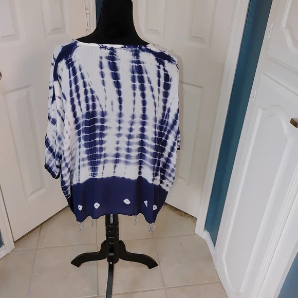 NWOT Soft Surroundings Tie Dye Short Sleeve Open blouse w Beaded Fringe. Large - Picture 5 of 13